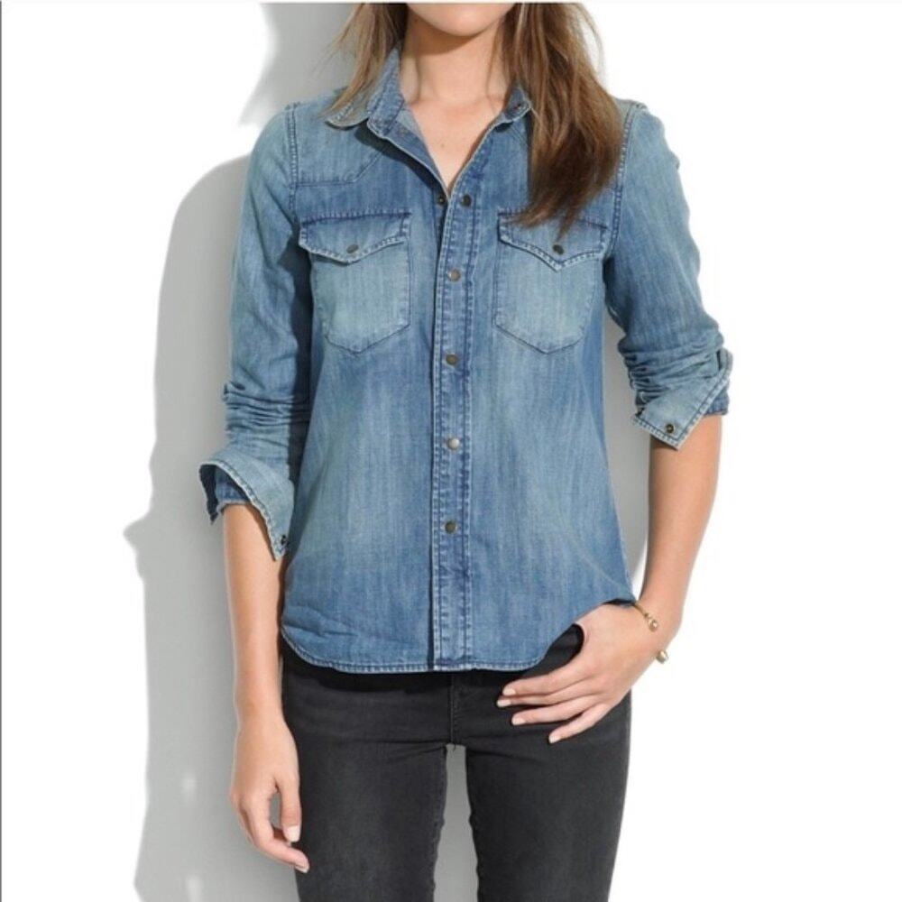 Madewell Denim Western Snap Front Shirt Medium Wash Blue Cotton Extra Small XS